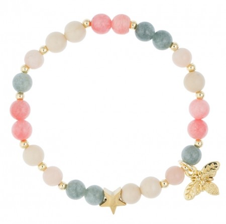 Armbånd steinperler 6 mm m/charm - rose & aquamarine